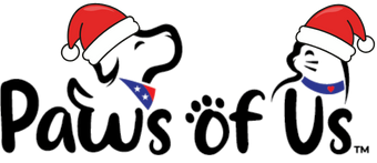 Logo of 'Paws of Us' with two dogs wearing Santa hats on a white background.